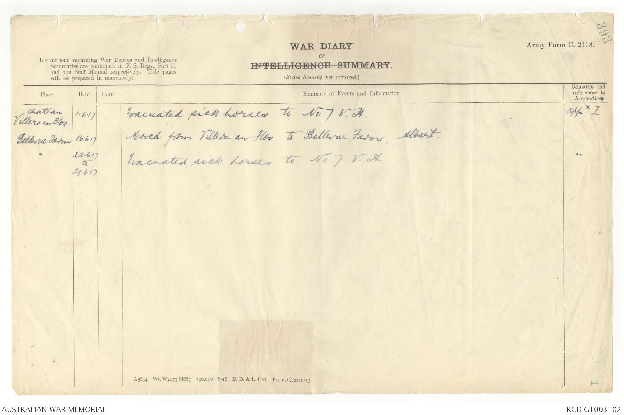 June 1917 handwritten war diary of the 5th Australian Mobile Veterinary Section, recording sick-horse evacuations and a move to Bellevue Farm.