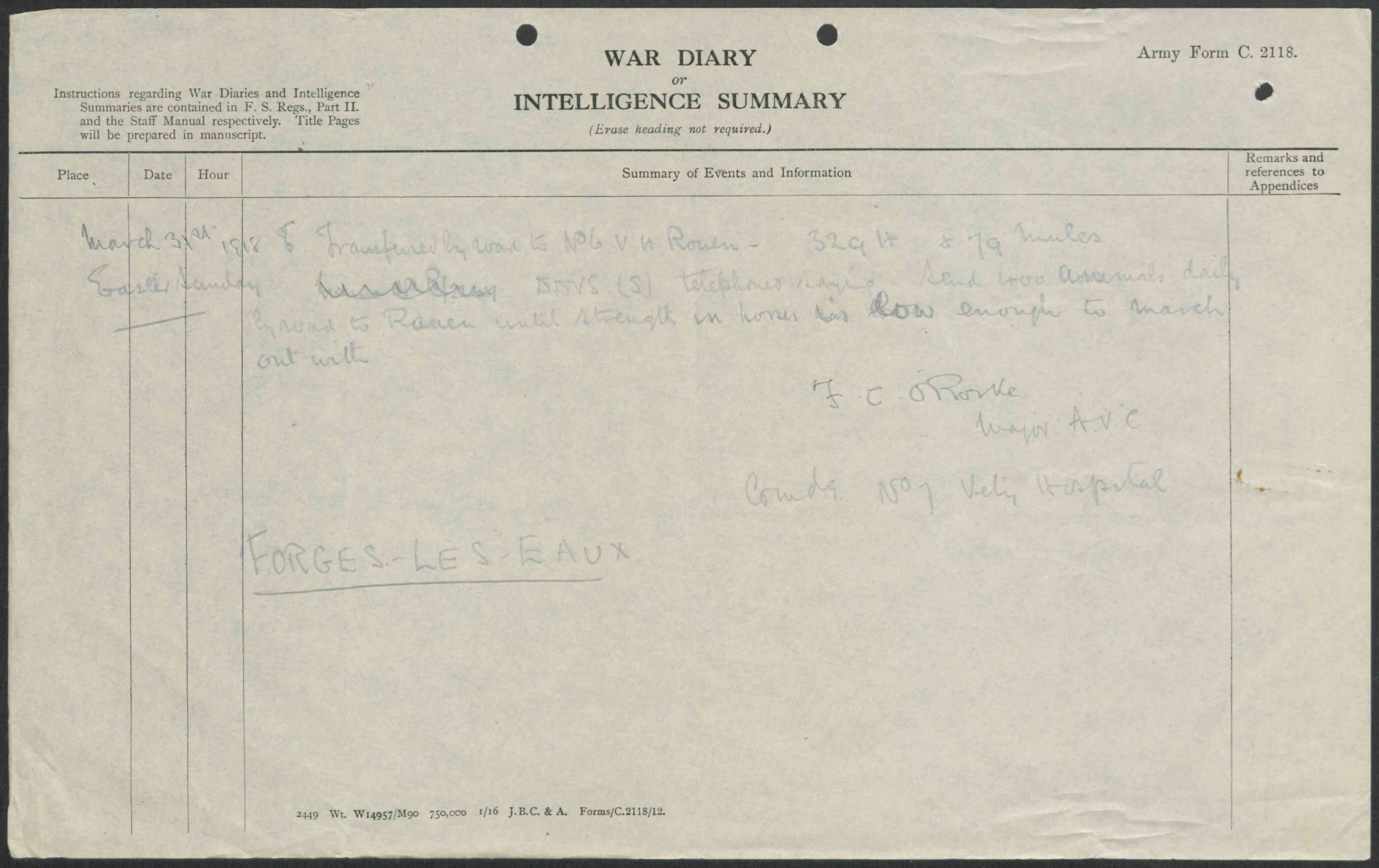 No. 7 Veterinary Hospital diary entry for 31 March 1918, recording 329 horses and 79 mules transferred to No. 6 at Rouen, signed F. C. O'Rorke.