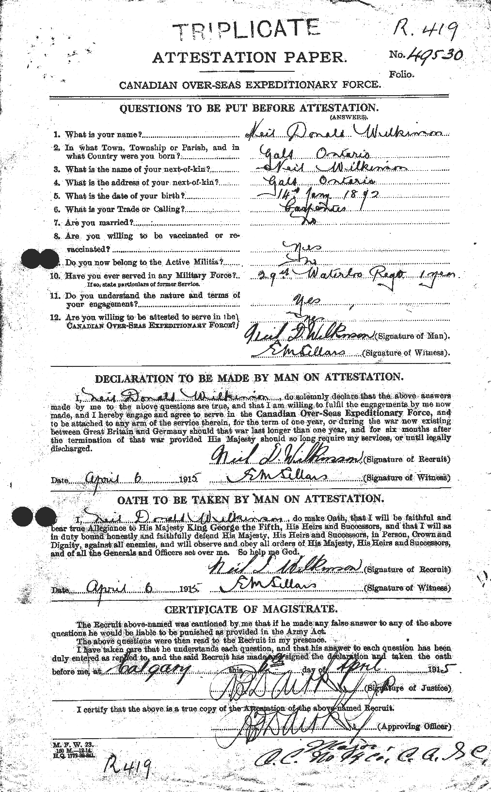 Neil Donald Wilkinson’s attestation paper dated 6 April 1915, recording his trade as carpenter and bearing his signature.