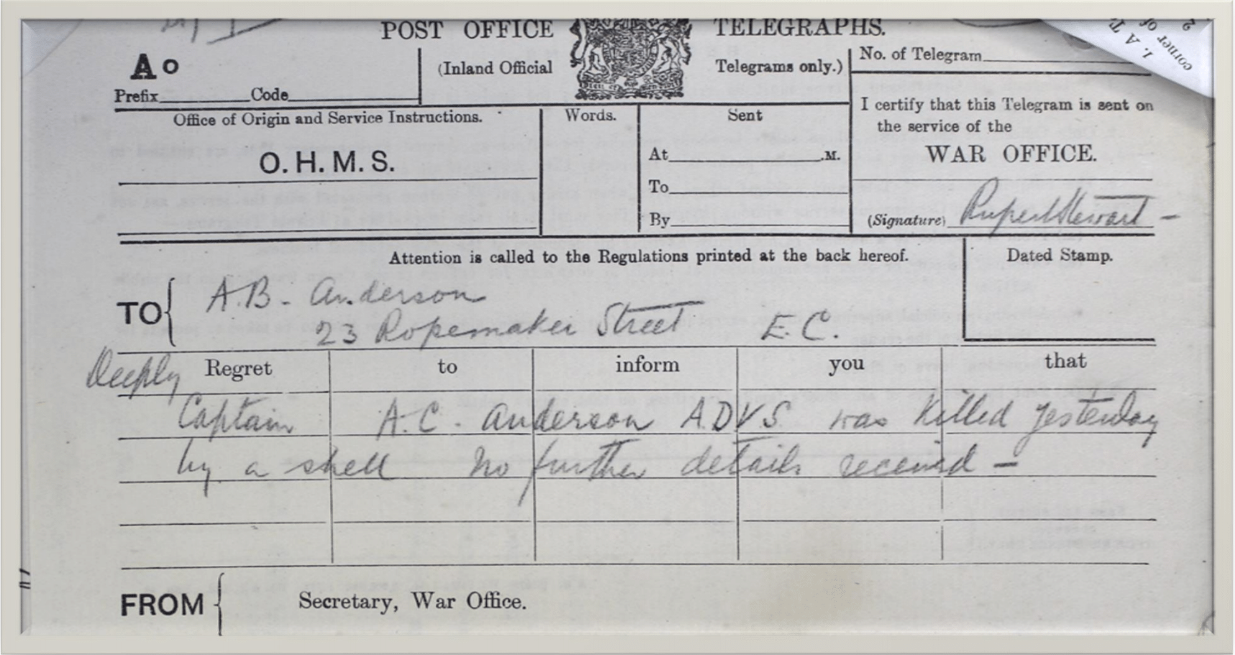 Copy of Telegram informing of Captain Anderson&rsquo;s death