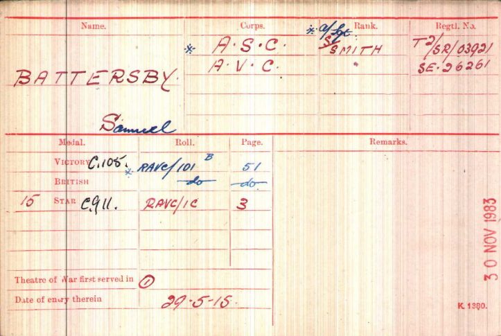 Medal index card for Samuel Battersby, showing AVC SE/26261 and Army Service Corps T2/SR/0395. Reproduced in the family history cited above. Select the image to enlarge.