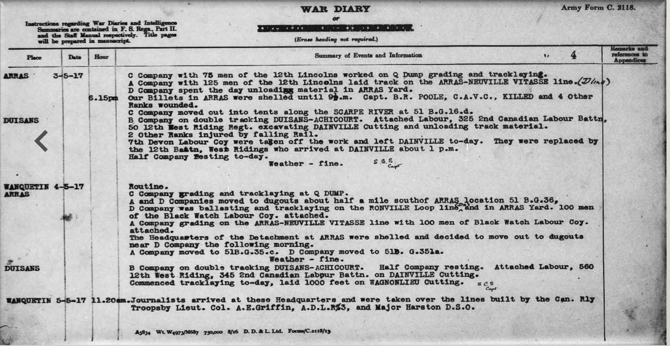 War Diary Recording Death of Captain Poole