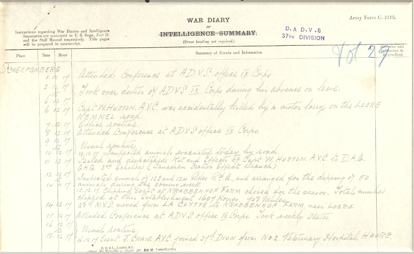 War diary Record of William Huston's death