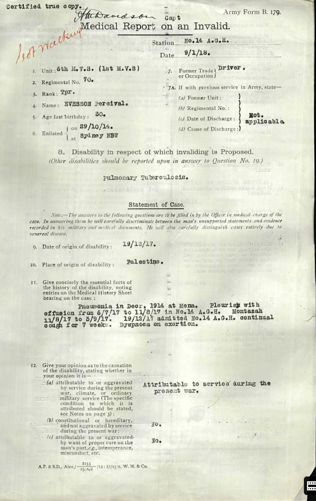 Medical report, 9 January 1918: pulmonary tuberculosis attributed to wartime service.