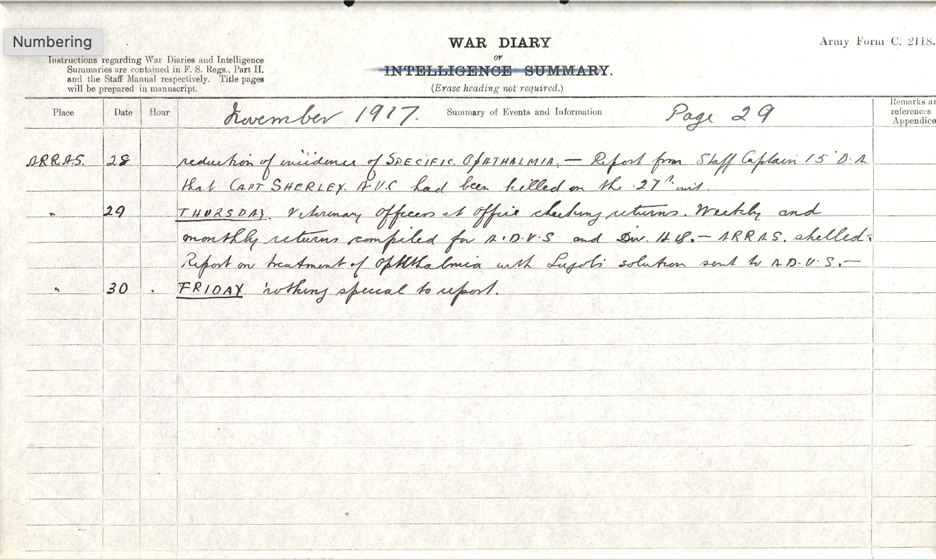 War diary record of Captain Sherley's death