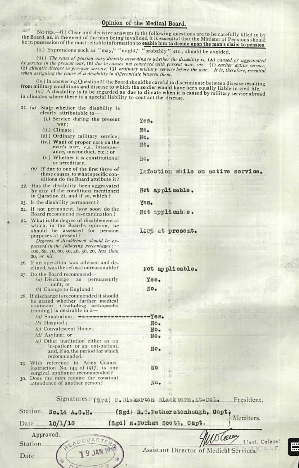 Medical board, 10 January 1918: infection while on active service; discharge recommended.