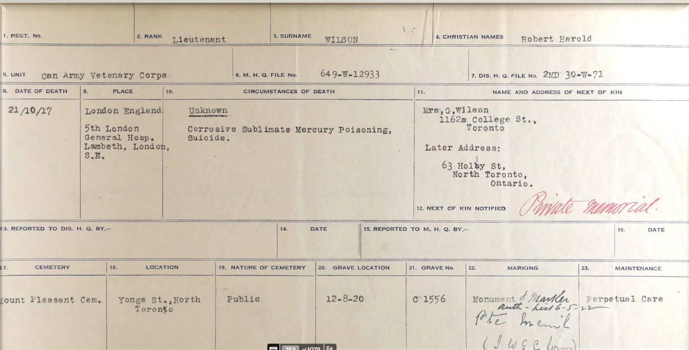 Record of Lieutenant Wilson's death