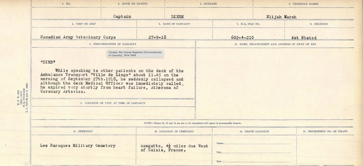 Record of Elijah Marsh Dixon’s death