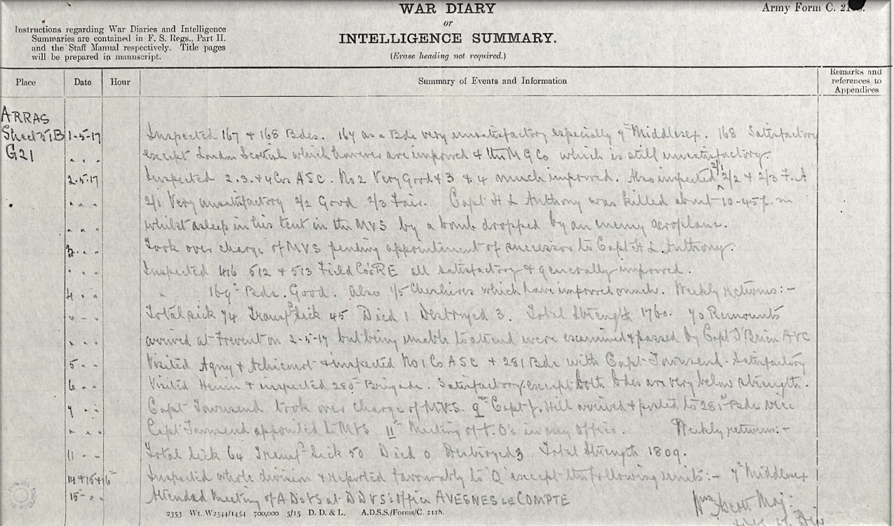Second War diary entry noting Captain Anthony's death