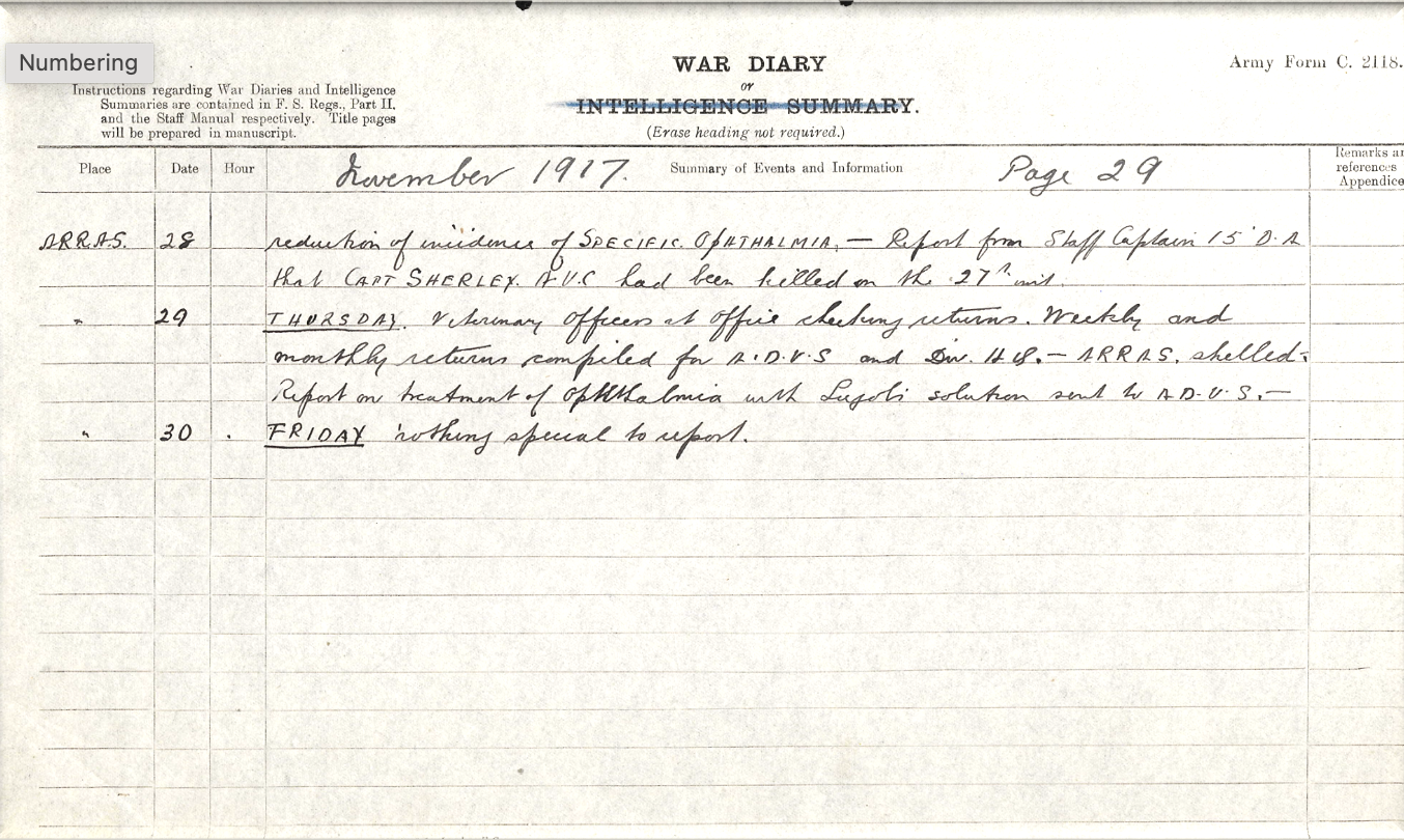 War Diary record of Captain Sherley&rsquo;s death