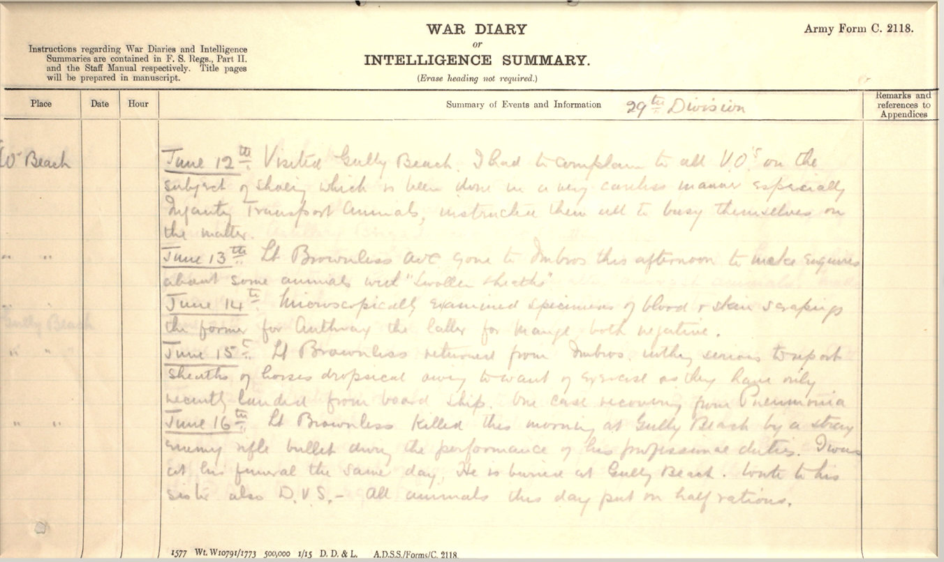 War Diary Entry noting Brownless Death