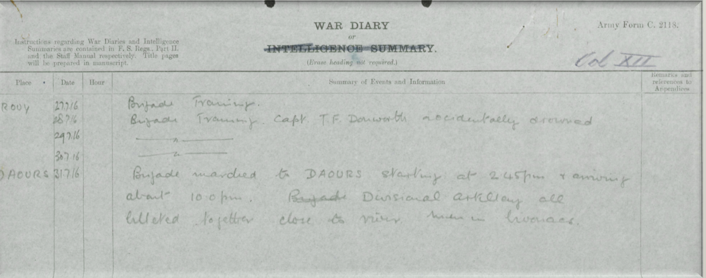 War Diary Entry noting Captain Donworth&rsquo;s Death