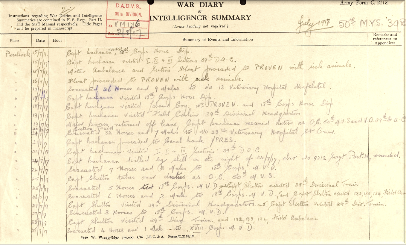 War Diary entry of Buchanan&rsquo;s Death