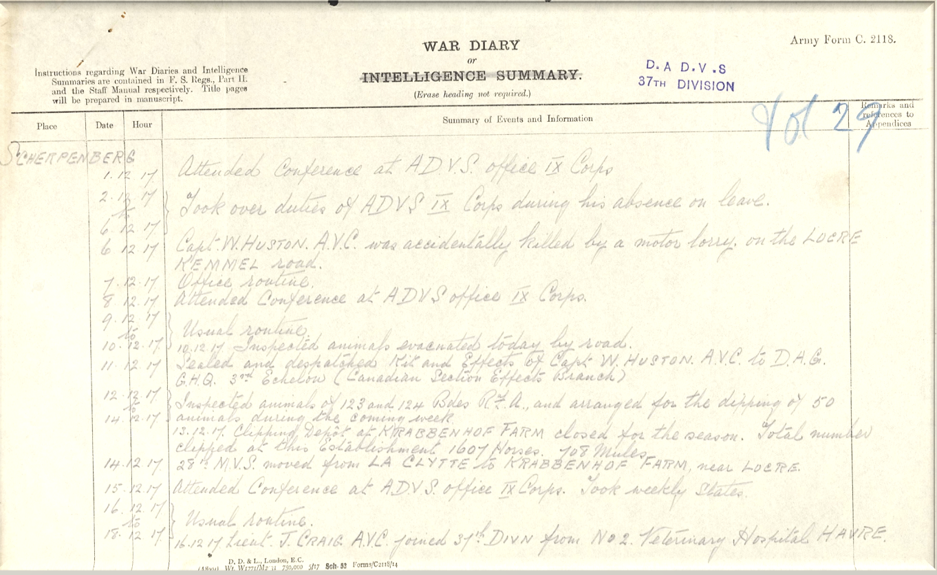 War Diary Record of William Huston&rsquo;s Death